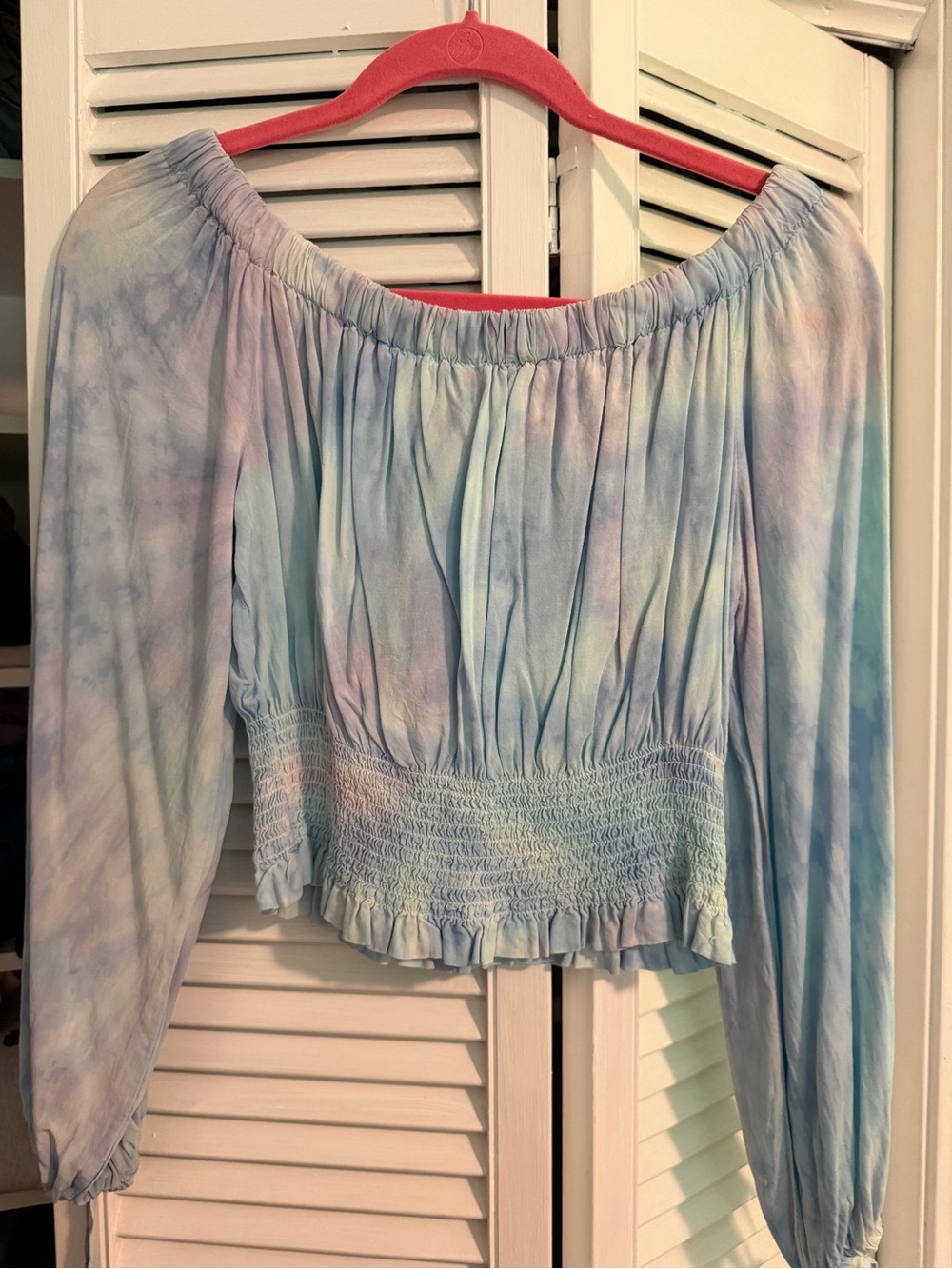 Surf Gypsy Women’s Off-Shoulder Smocked Hem Blouse in Pastel Tie-Dye - Picture 3 of 3